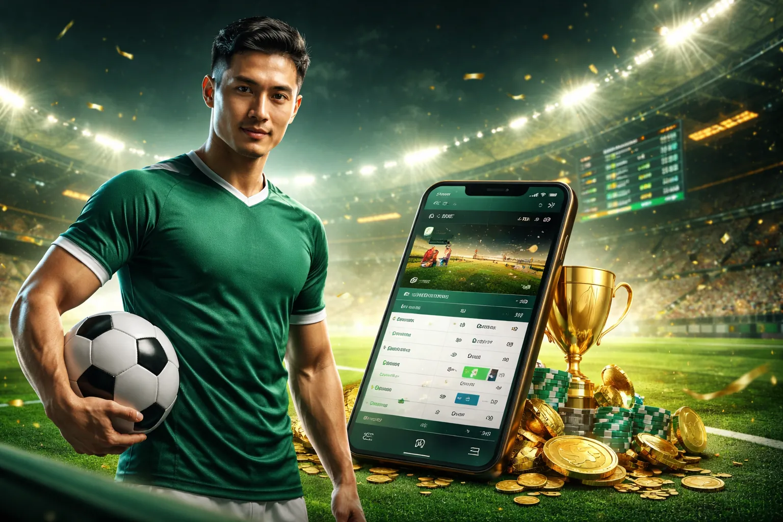 Sân vận động với màn hình lớn hiển thị các trận đấu thể thao và logo mu8888 app